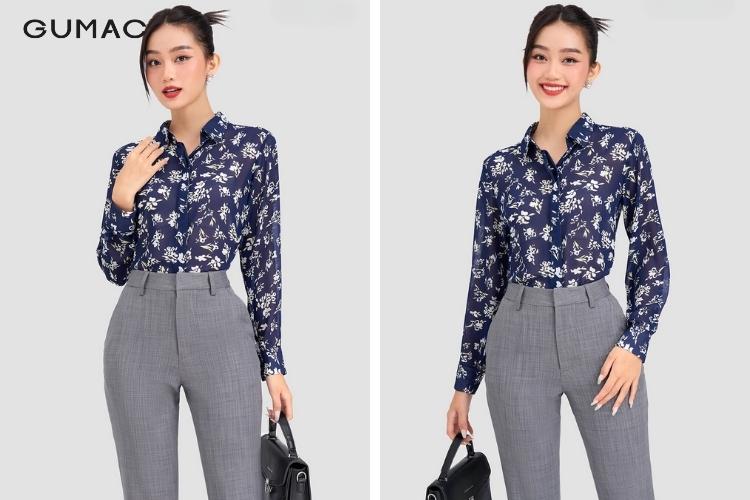 áo sơ mi nữ tay dài kiểu họa tiết vintage